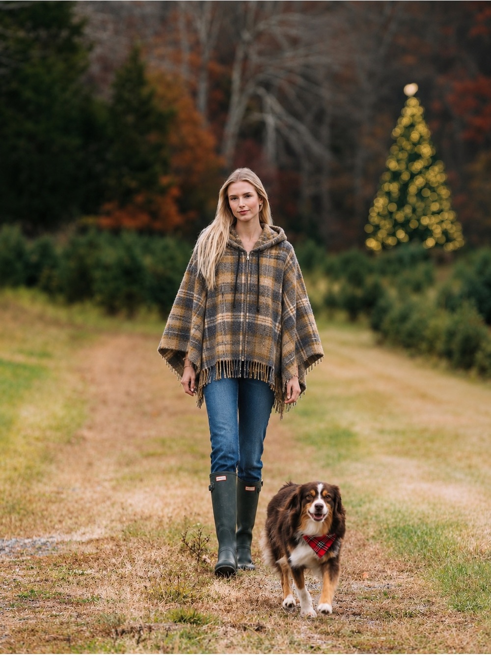 Hooded Plaid Poncho